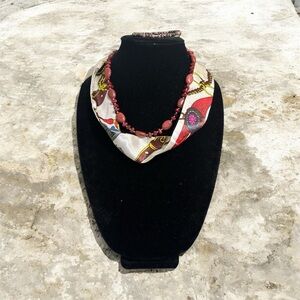 #(122)Chaps vintage pink jasper gemstone necklace paired with/ a colorful scarf